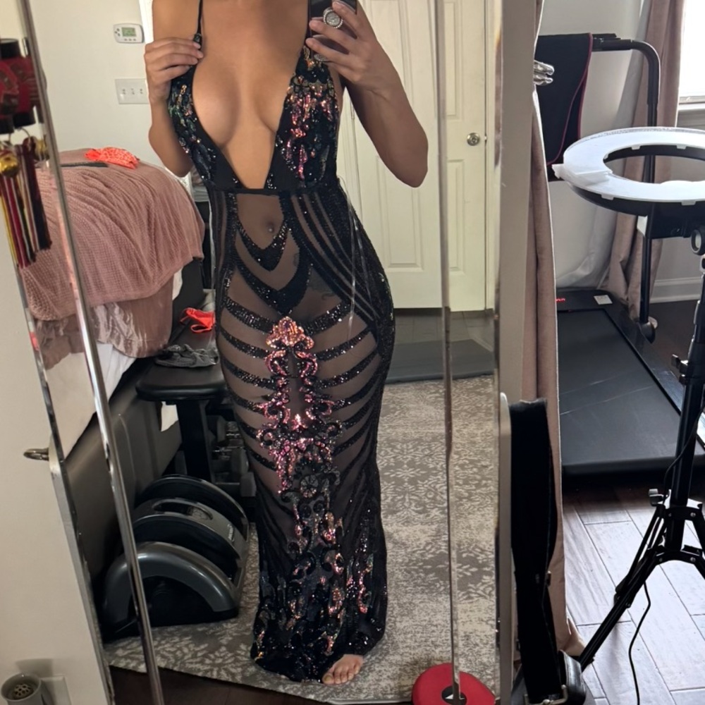Fashion Nova Black and Pink Sequin Backless Dress